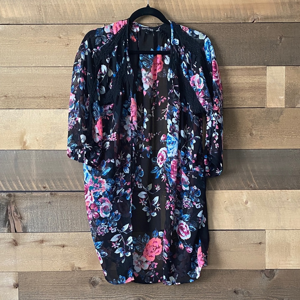 Express Black Floral Kimono Top